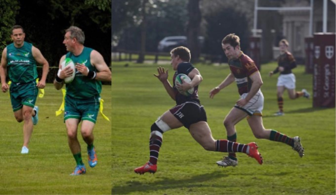 Tag rugby, my son Greg (left) wearing an Ireland jersey is waiting for a pass. On the right, grandson Andy running with the ball for Old Georgians in the UK.