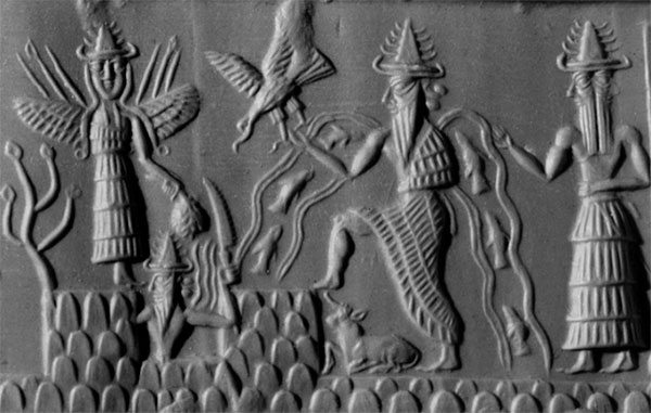 Akkadian cylinder seal dating to c. 2300 BC depicting the deities Inanna, Utu, and Enki, three members of the Anunnaki. (Wikipedia)