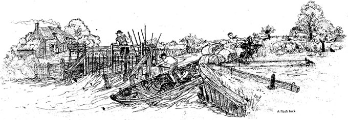 A drawing of a boat passing downstream through a flash lock. (Wikipedia)